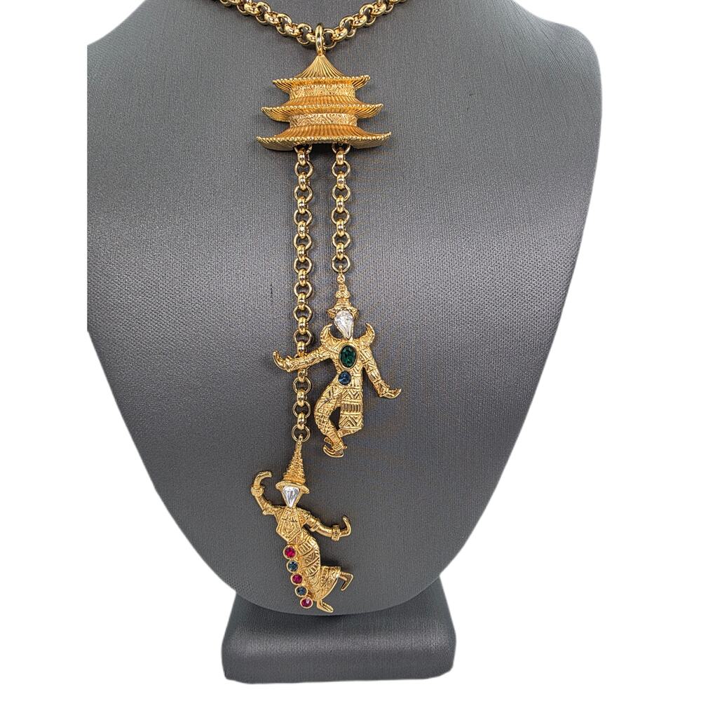 Vintage Kenneth Jay Lane KJL Balinese Dancers Asian Pagoda Brooch Necklace